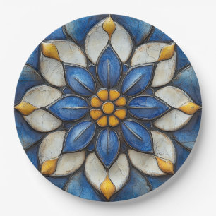 Floral Azulejo blauw wit en geel Papieren Bordje