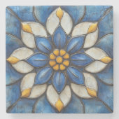 Floral Azulejo blauw wit en geel Stenen Onderzetter (Voorkant)