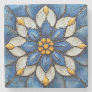Floral Azulejo blauw wit en geel Stenen Onderzetter
