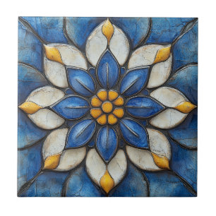 Floral Azulejo blauw wit en geel Tegeltje