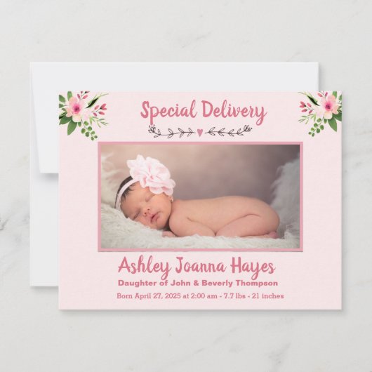 Floral Baby Girl Foto geboorteaankondiging Aankondiging (Voorkant)
