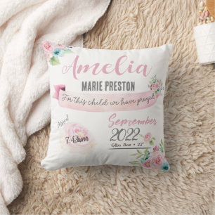 Floral Baby Girl Waterverf Birth Statistics Pink Kussen