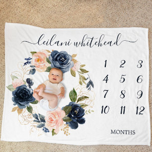 Floral Baby Month Milestone Blush Navy Baby Fleece Deken