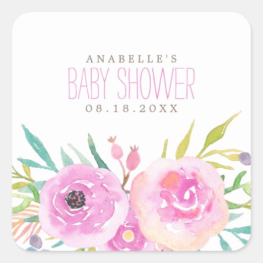Floral Baby shower Vierkante Sticker (Voorkant)