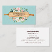 Floral Bakery Rolling Pin Dessert Blue Leather Visitekaartje (Voorkant / Achterkant)