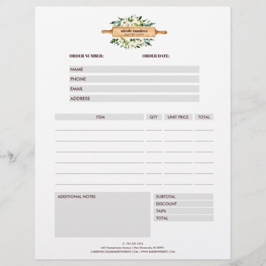 Floral Bakery Rolling Pin Grey Order Form Flyer (Voorkant)