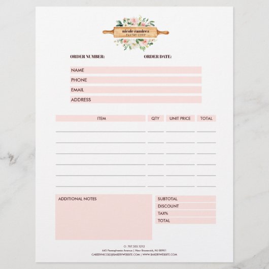 Floral Bakery Rolling Pin Patisserie Order Form Flyer (Voorkant)