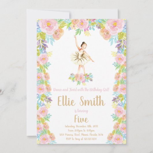Floral Ballerina Verjaardag Uitnodiging (Voorkant)
