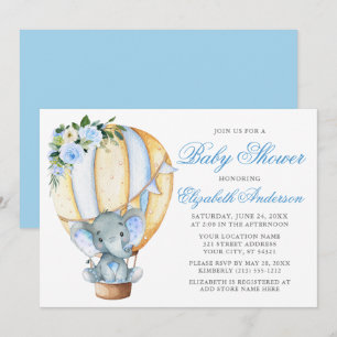 Floral Balloon Blue Elephant Baby shower Kaart