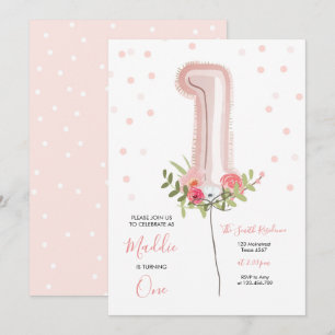Floral Balloon eerste verjaardag uitnodiging roze 