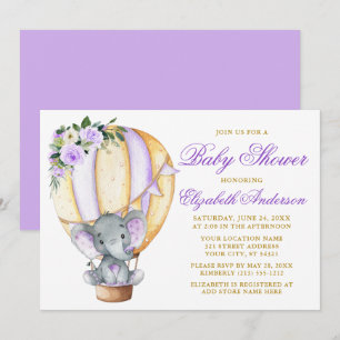 Floral Balloon Elephant Baby shower Paars Kaart