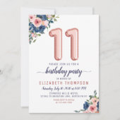 Floral Balloon Roos Gold Blush Navy 11th Birthday Kaart (Voorkant)