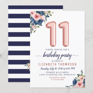 Floral Balloon Roos Gold Blush Navy 11th Birthday Kaart