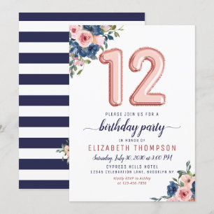 Floral Balloon Roos Gold Blush Navy 12th Birthday Kaart