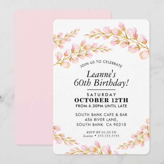 FLORAL BANTHDAY INVITATION élégant joli rose (Devant / Derrière)