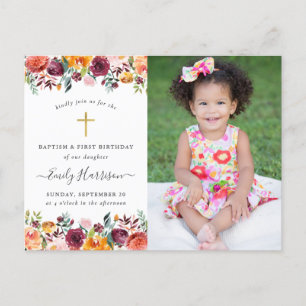 Floral Baptism 1st Birthday Fotouitnodiging Briefkaart