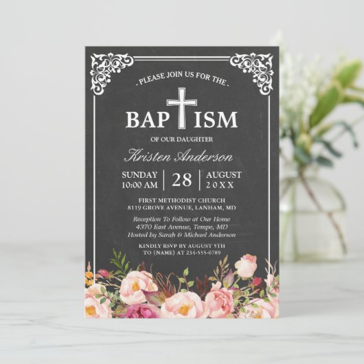 Floral Baptism | Elegant Chalkboard-Lijst Kaart (Staand voorkant)