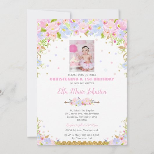 Floral Baptism en 1e verjaardag van de uitnodiging (Voorkant)