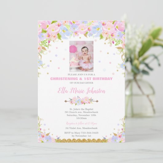 Floral Baptism en 1e verjaardag van de uitnodiging (Staand voorkant)