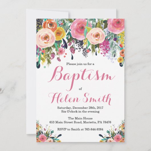 Floral Baptism Invitation Card Kaart (Voorkant)
