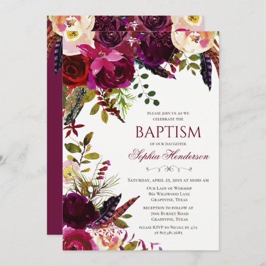 Floral Baptism Invitation Kaart (Voorkant / Achterkant)