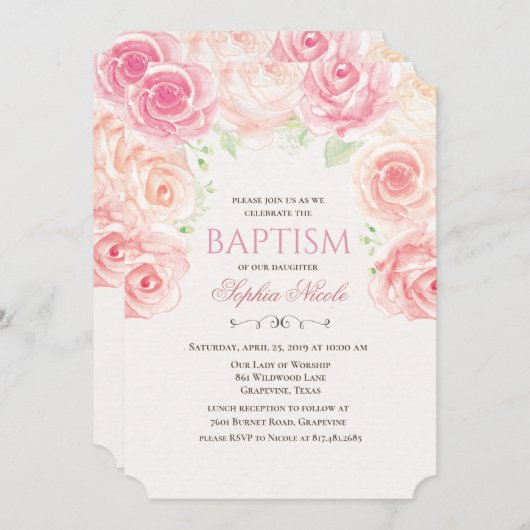 Floral Baptism Invitation Kaart (Voorkant / Achterkant)