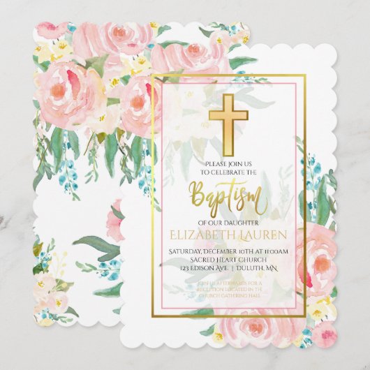 Floral Baptism Invitation Kaart (Voorkant / Achterkant)