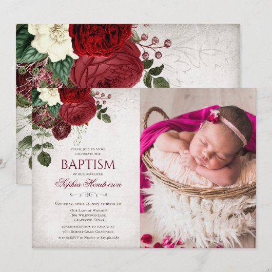 Floral Baptism Photo Invitation Kaart (Voorkant / Achterkant)
