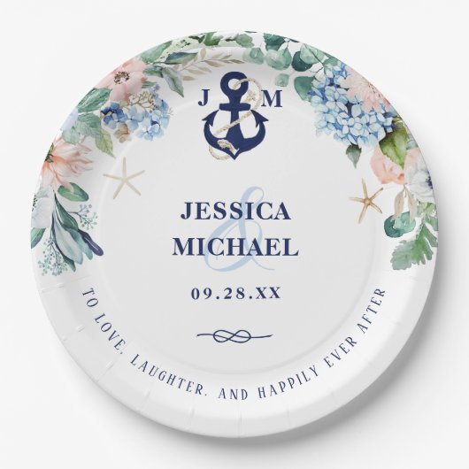 Floral Beach Nautical Gelukkig ooit na bruiloft Papieren Bordje (Voorkant)
