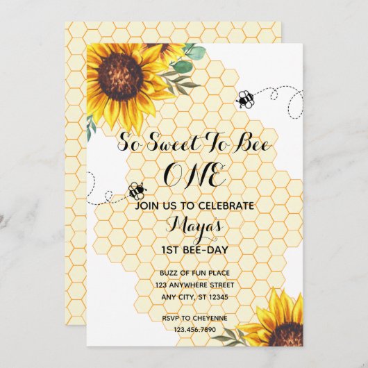 Floral Bee First Bee day Invitation Anniversaire (Devant / Derrière)
