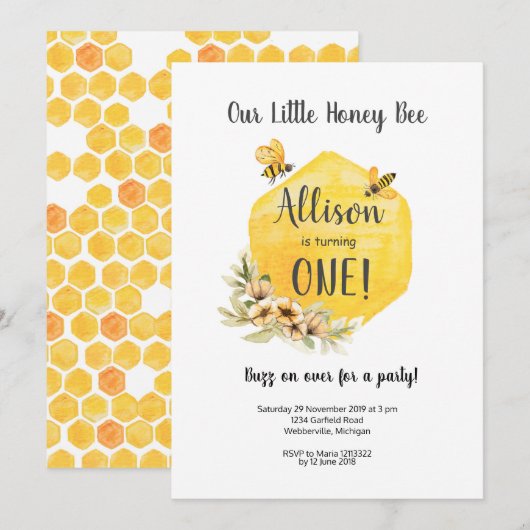 Floral Bee First Birthday Invitation Kaart (Voorkant / Achterkant)
