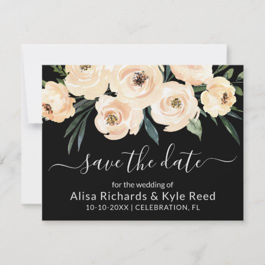 Floral Beige Blush Gold op Black Save the Date Aankondiging (Voorkant)