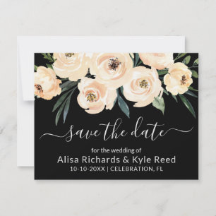 Floral Beige Blush Gold op Black Save the Date Aankondiging