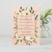 Floral Beige Blush Gold op roze bruiloft Kaart (Staand voorkant)