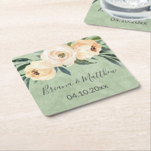 Floral Beige Blush on Green Wedding Vierkante Kartonnen Onderzetter