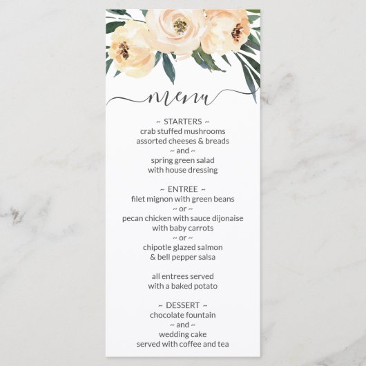 Floral Beige Blush op White Wedding Menu (Voorkant)