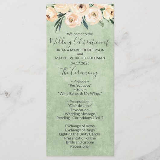 Floral Beige Blush Sage Green Wedding Programme (Devant)