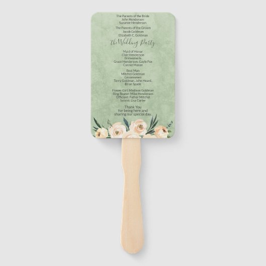Floral Beige Blush Sage Green Wedding Programme Handwaaier (Achterkant)