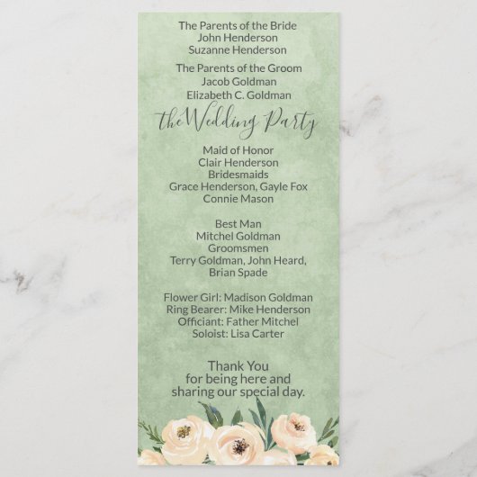 Floral Beige Blush Sage Green Wedding Programme Programma (Achterkant)