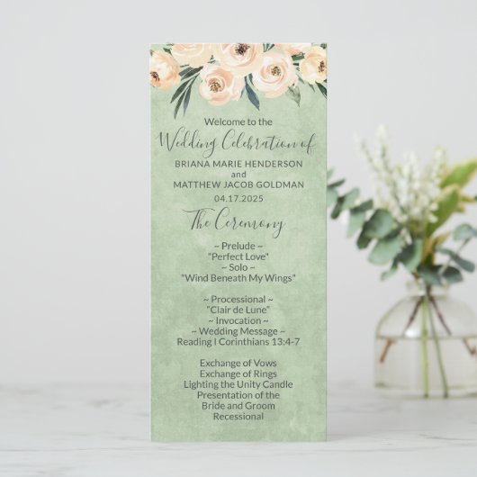 Floral Beige Blush Sage Green Wedding Programme Programma (Staand voorkant)