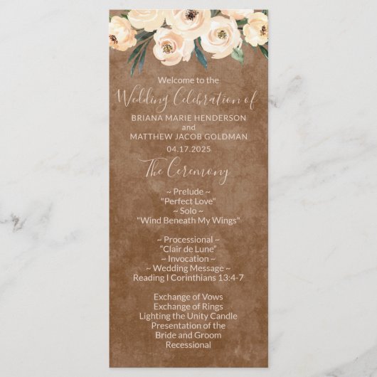 Floral Beige Programme de mariage Brown (Devant)