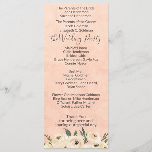 Floral Beige Rose Programme de mariage (Dos)