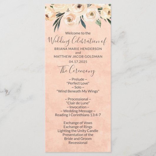 Floral Beige Rose Programme de mariage (Devant)