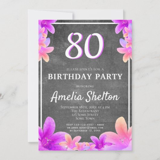 Floral Bellbloemen Chalkboard 80th Birthday Party Kaart (Voorkant)