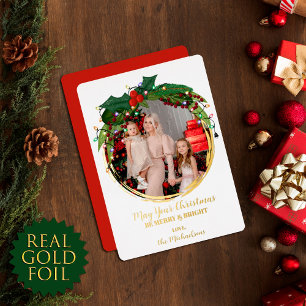 Floral Berry Wreater kerstlampjes Foto Gold Folie Feestdagenkaart