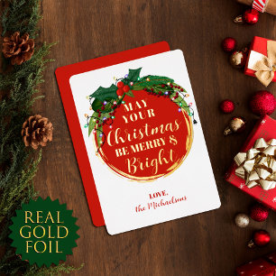 Floral Berry Wreator Kerstlams Gold Folie Feestdagenkaart