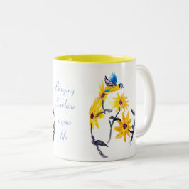 Floral Bird Art, Yellow Sunflower Tweekleurige Koffiemok