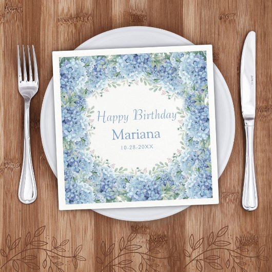 Floral Birthday Blue Hydrangeas Waterverf Servet