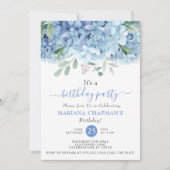 Floral Birthday Party Blue Hydrangeas Waterverf Kaart (Voorkant)