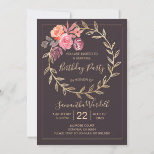 Floral Birthday Party Pink Burgundy on Slate Grey Kaart